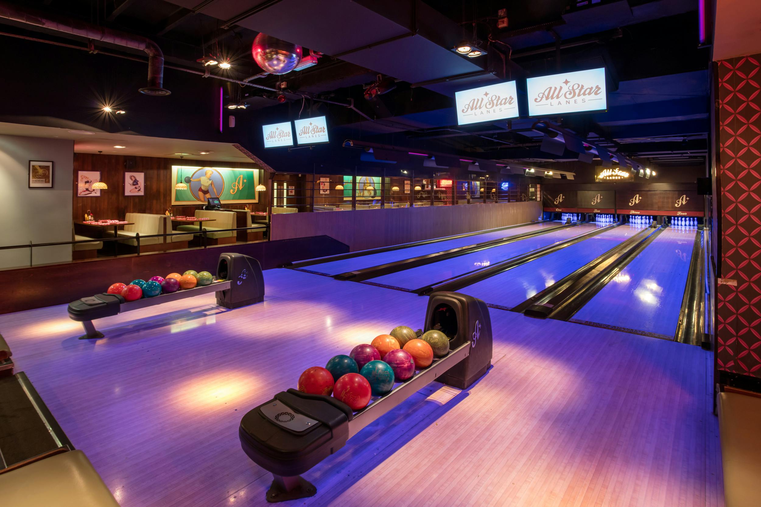 Vibrant bowling alley venue hire for corporate events in All Star Lanes, Holborn.