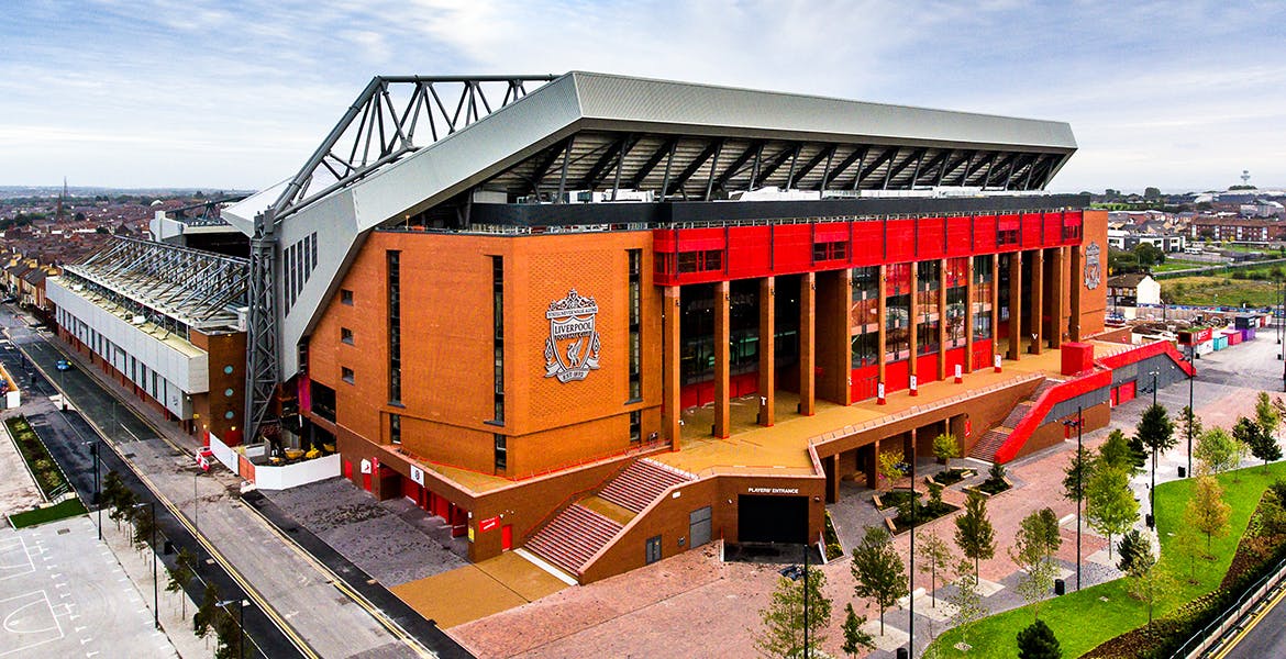 Liverpool Football Club venue with striking architecture for sports events and gatherings.