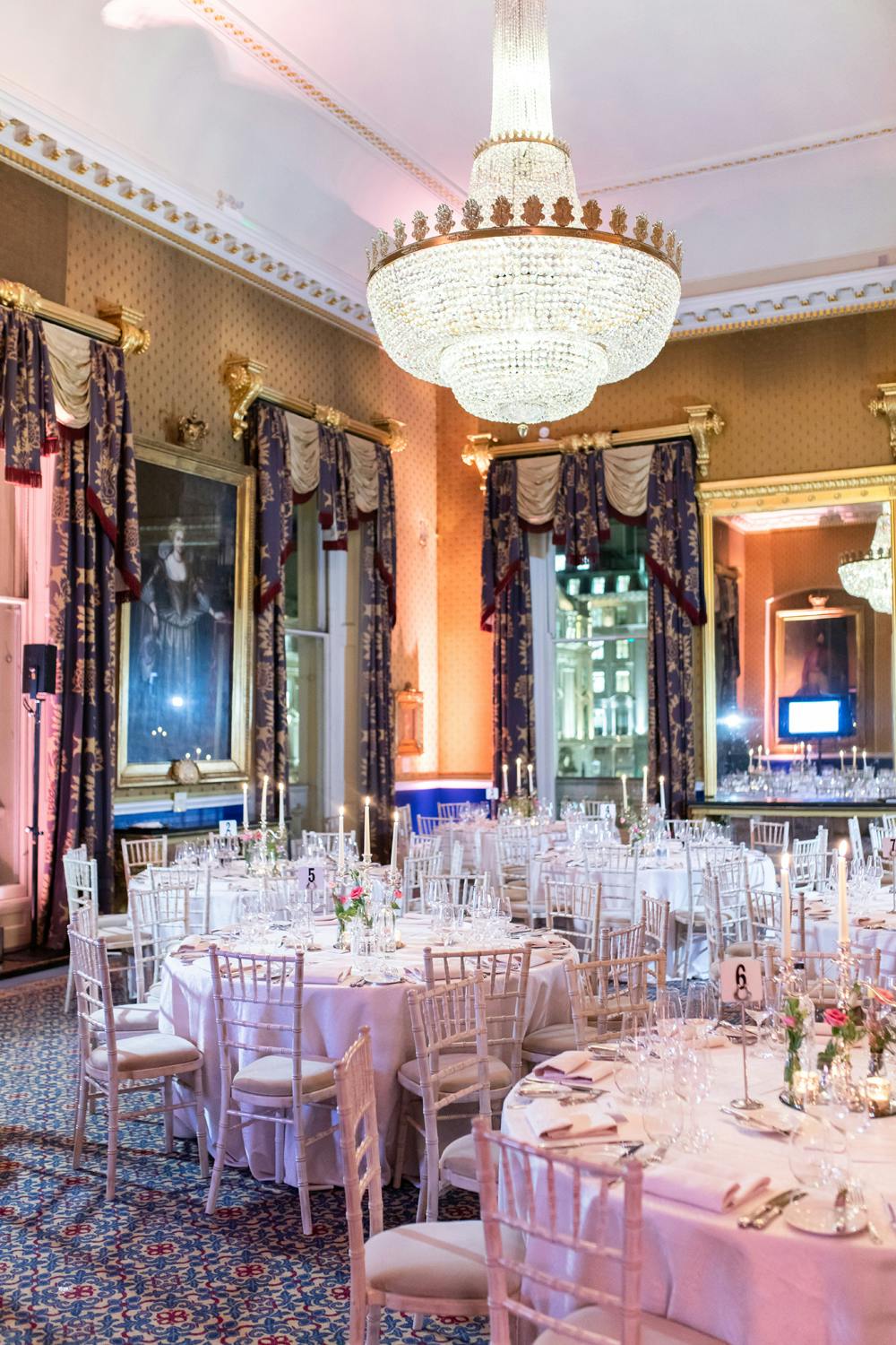 Elegant event space at Waterloo, featuring ornate chandeliers for weddings and corporate events.