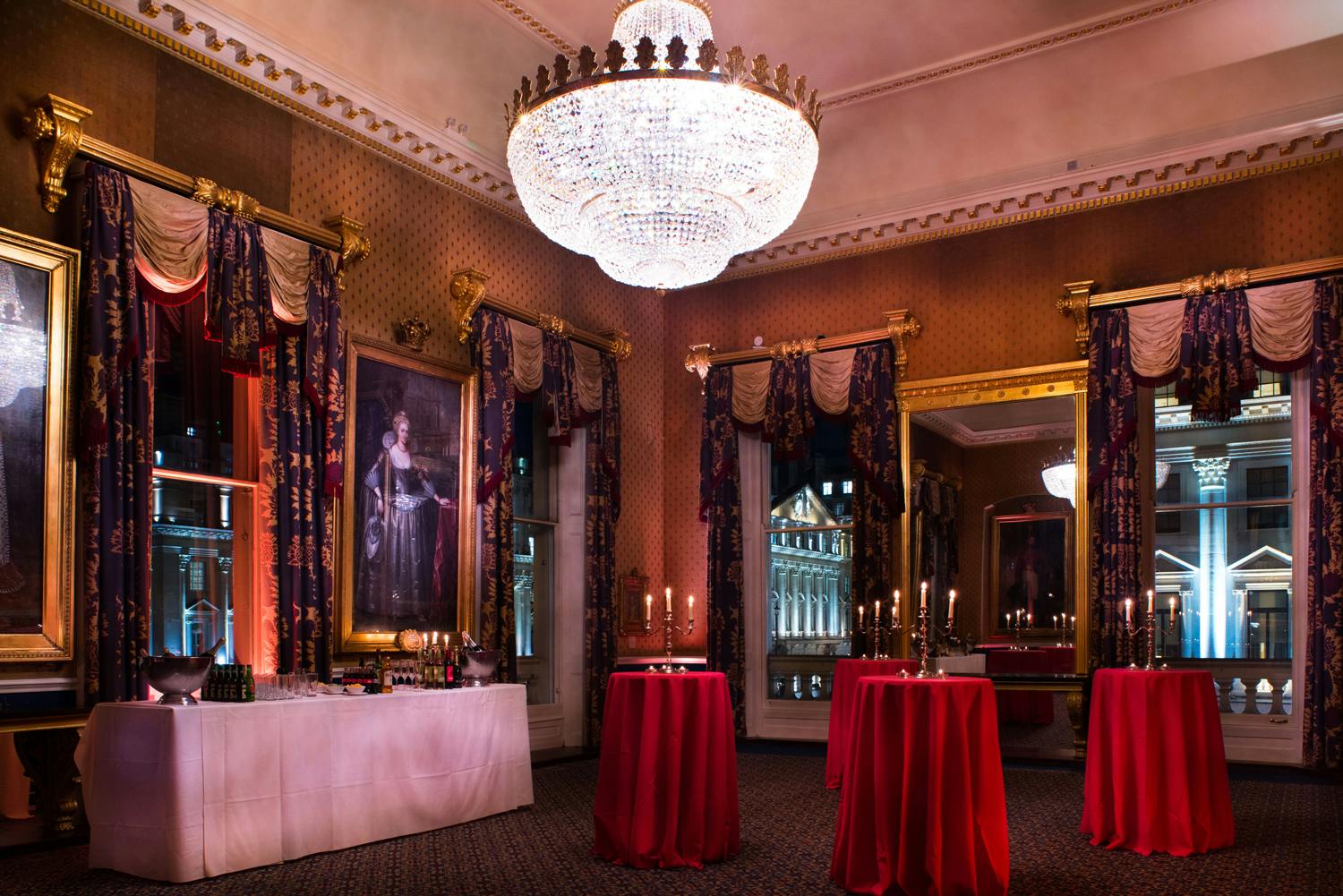 Elegant event space at Waterloo, featuring a grand chandelier for upscale receptions.