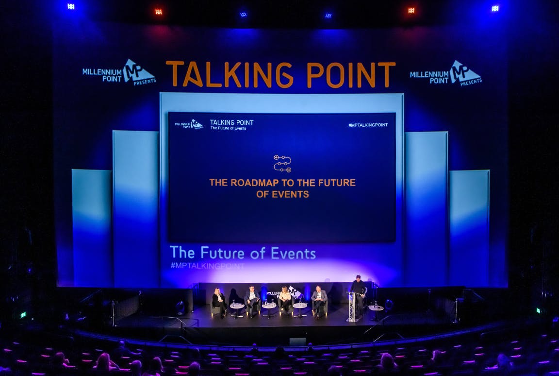 Auditorium at Millennium Point, panel discussion on future events, networking opportunity.