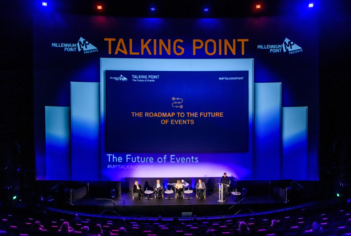 Auditorium at Millennium Point, panel discussion on future events, networking opportunity. - Banner