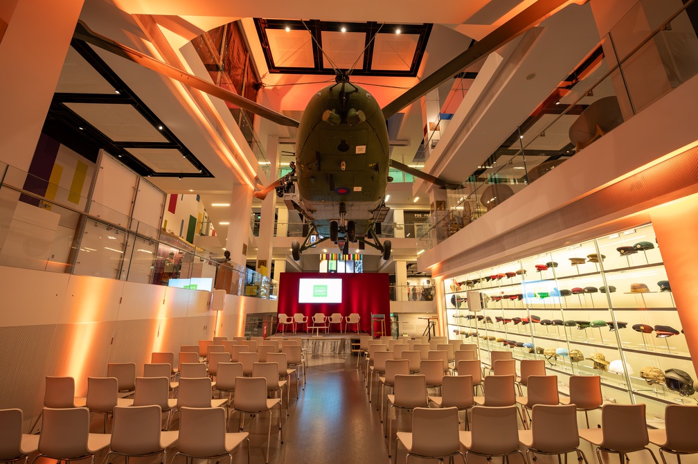 Atrium at National Army Museum with helicopter installation for corporate events. - Banner