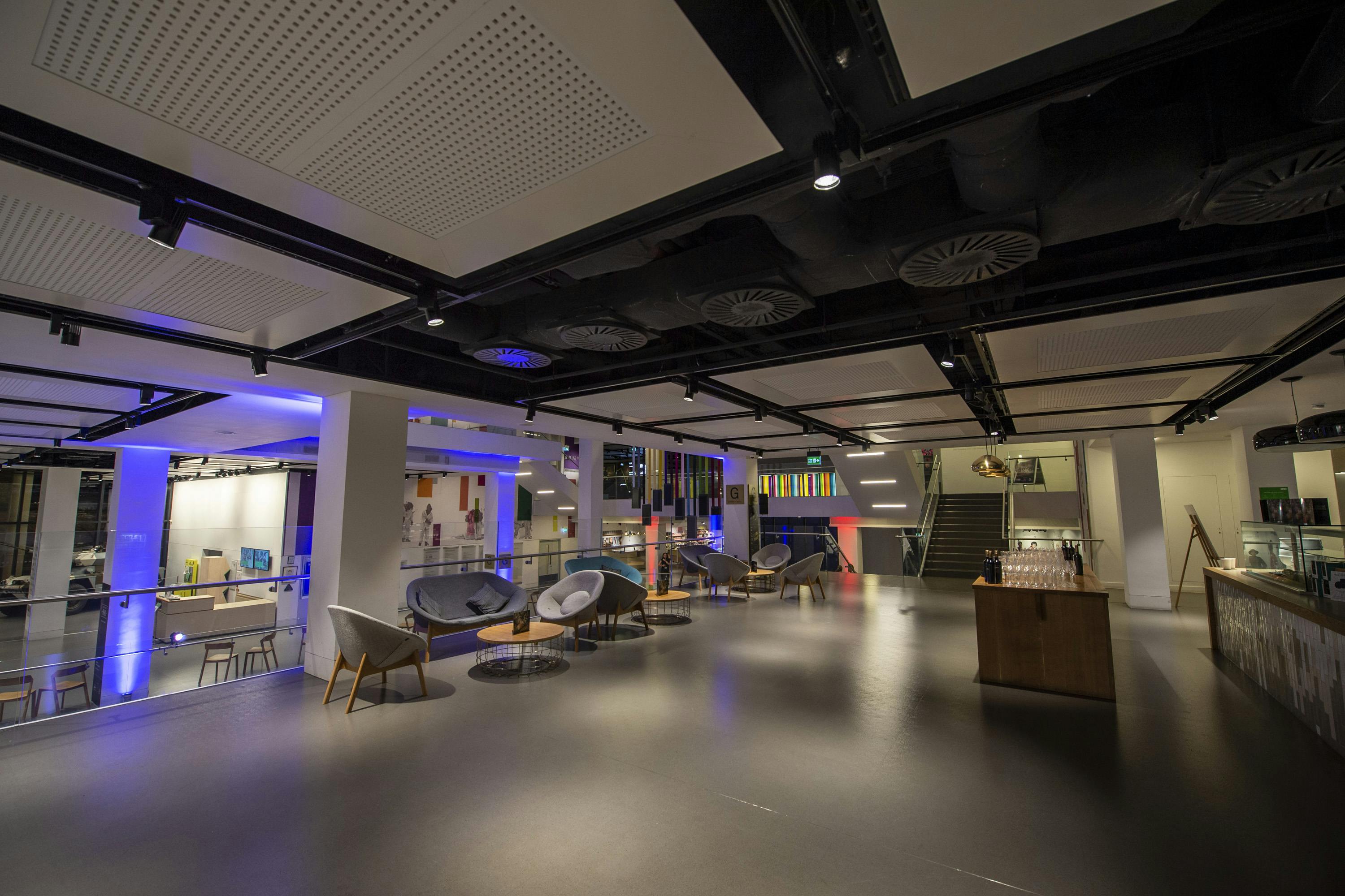 Modern event space in National Army Museum cafe with flexible seating for gatherings.