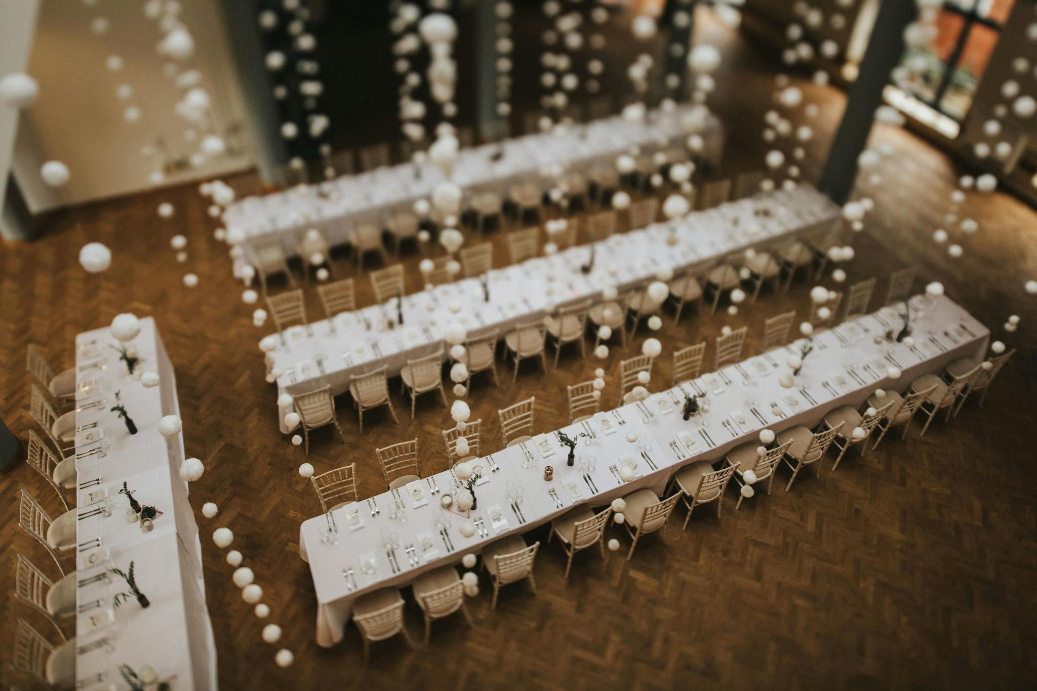 Elegant banquet setup in The Engine Hall, ideal for formal dinners and celebrations.