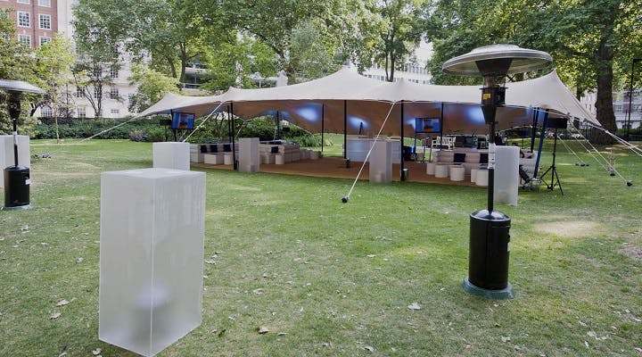 Portman Square Garden event space with modern tent, ideal for gatherings and outdoor events.