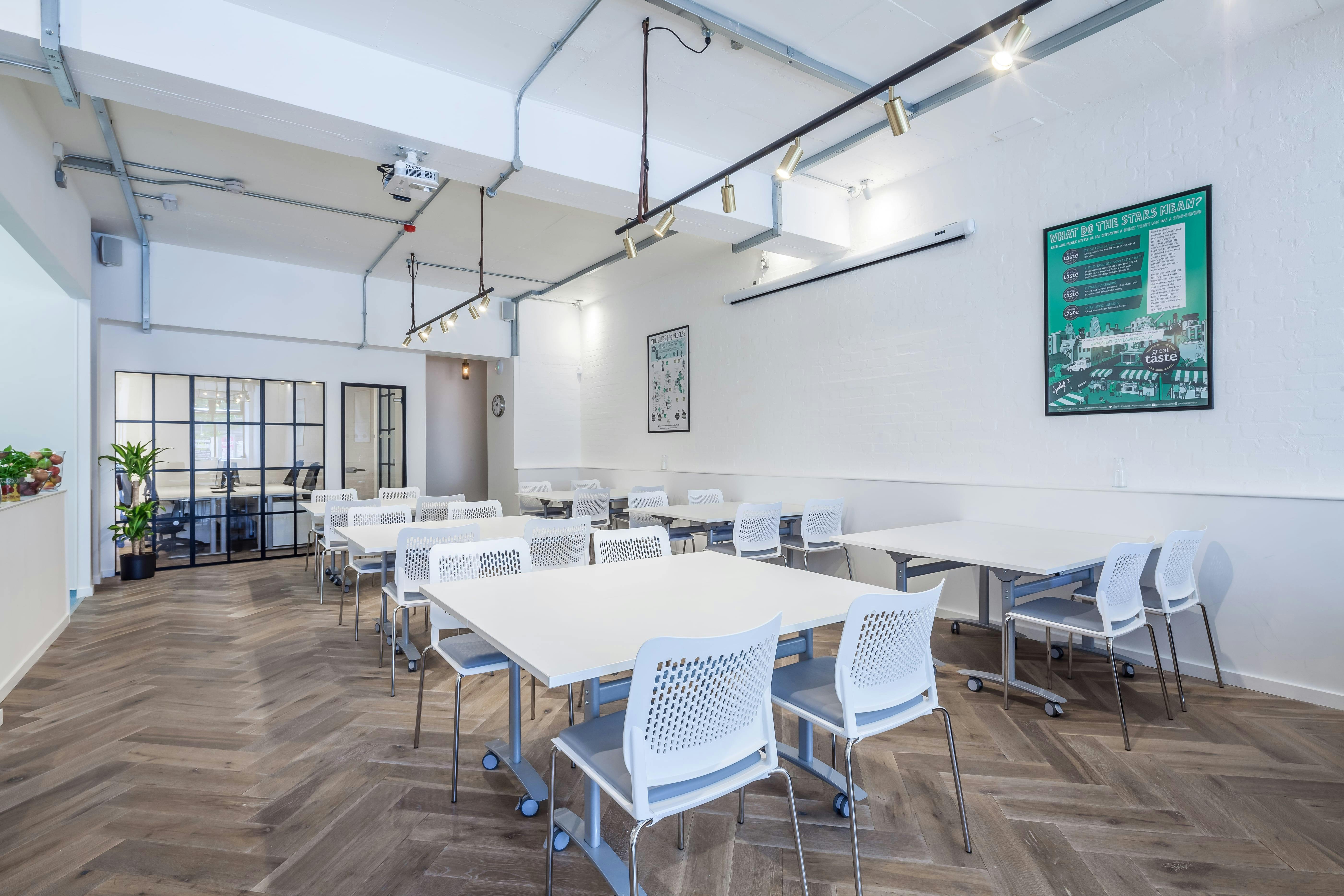 Modern meeting space in Guild of Fine Food, ideal for workshops and team meetings.
