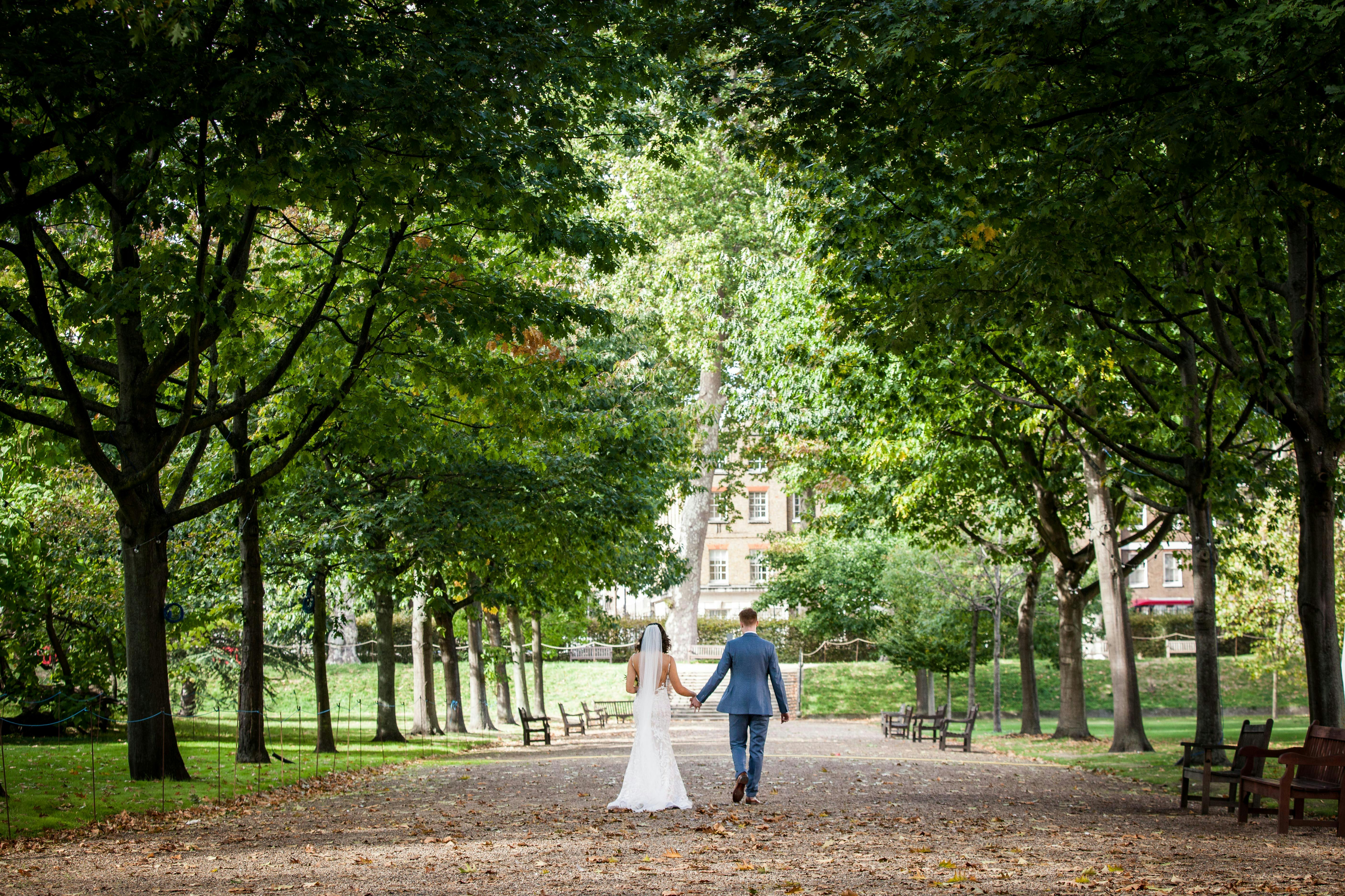 Summer party venue at Gray's Inn with tree-lined path, ideal for weddings and events.