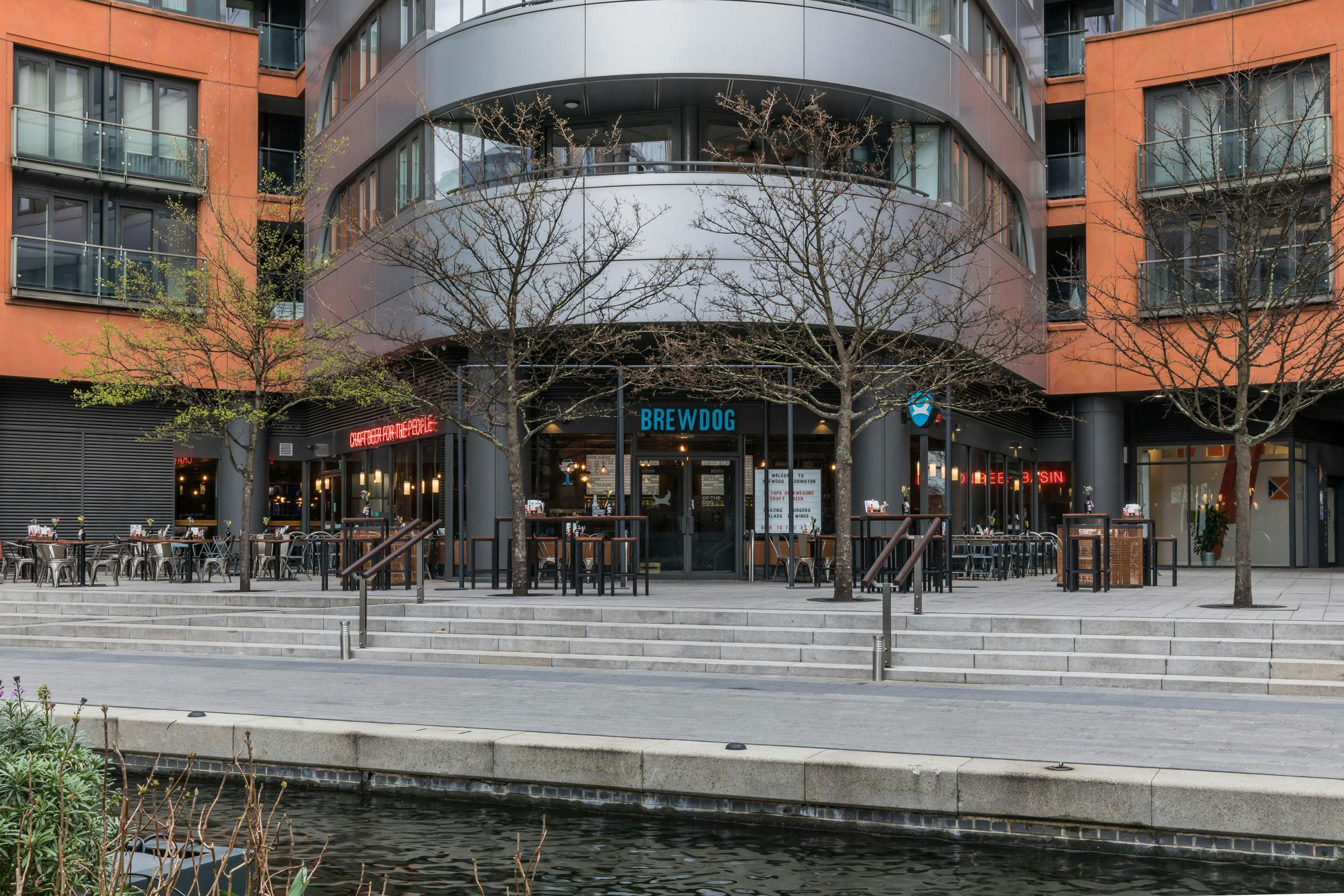 Modern BrewDog Paddington venue with outdoor space for casual meetings and networking events.