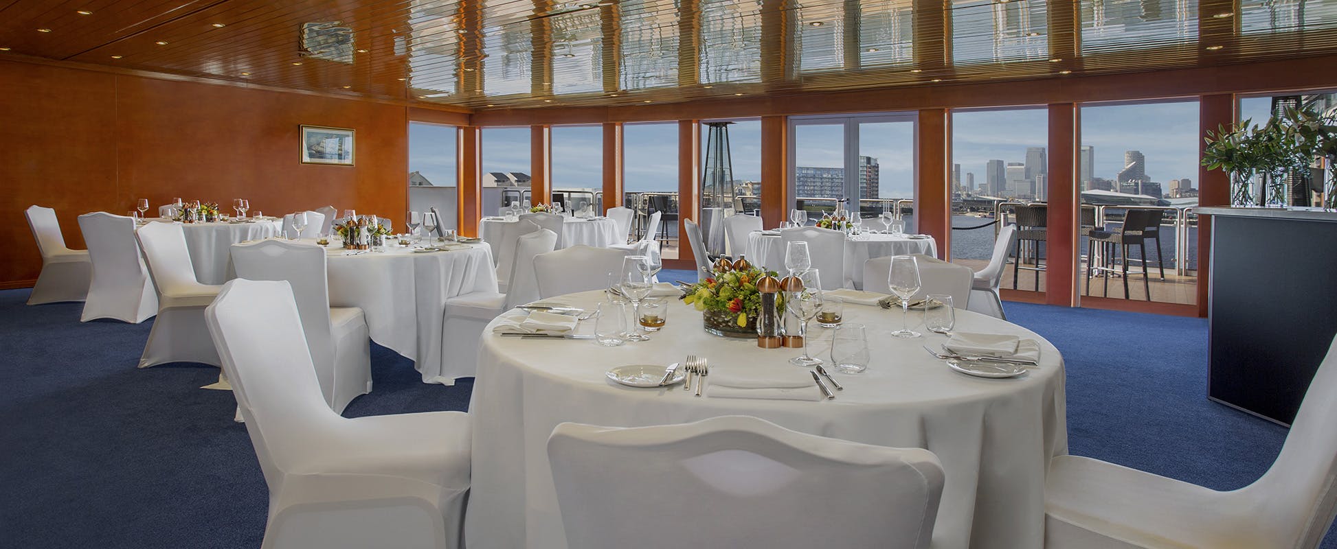 Elegant event space in Sunborn London Yacht Hotel with panoramic views for upscale gatherings.