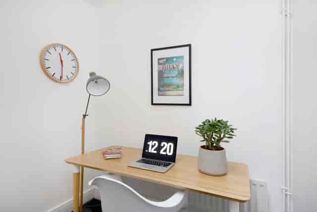 Minimalist meeting room with laptop and plant, perfect for virtual sessions and brainstorming.