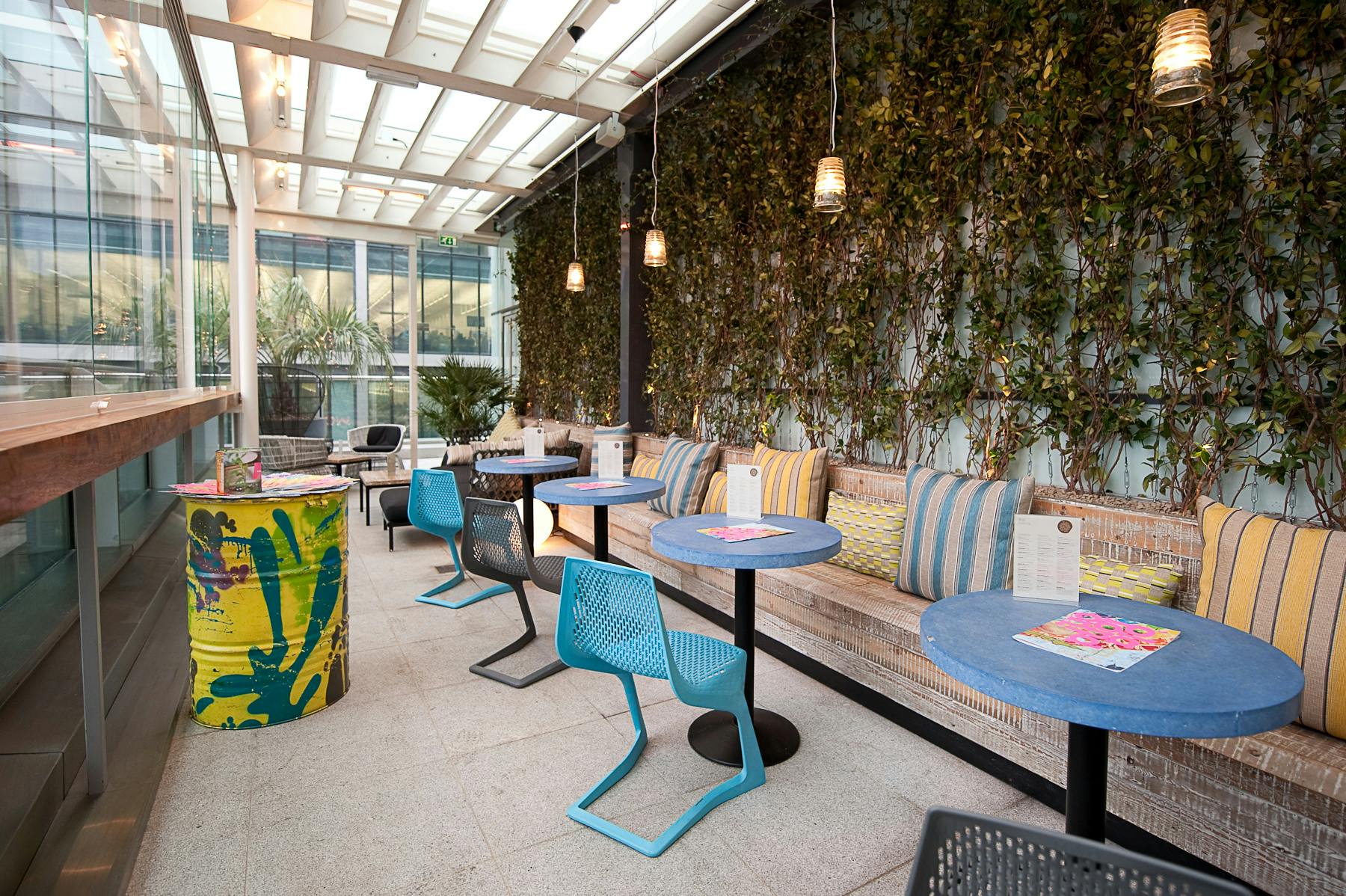 Vibrant meeting space with colorful furniture for casual gatherings and networking events.