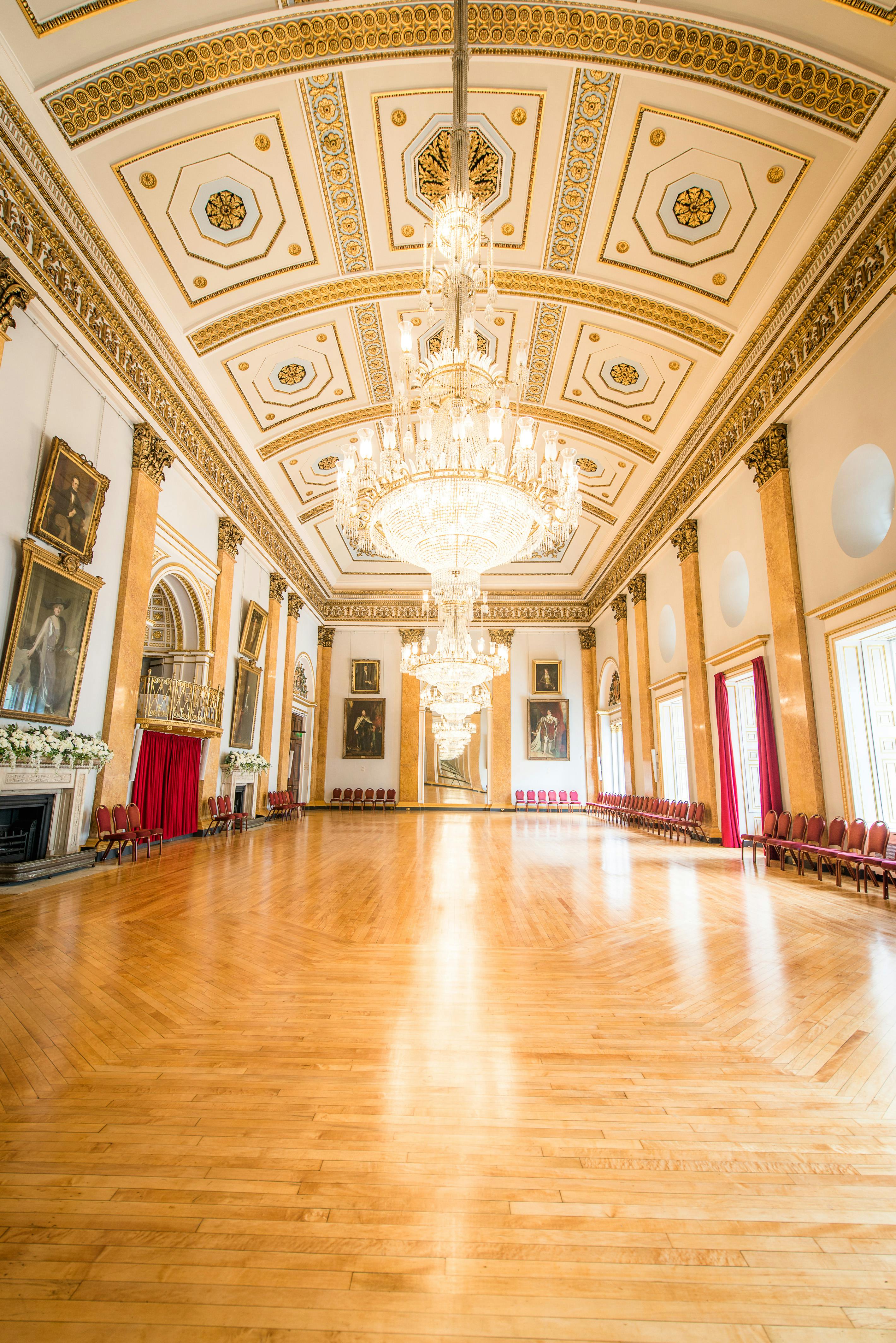 Elegant Main Ballroom in Liverpool Town Hall with ornate chandeliers, perfect for receptions.