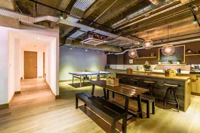 Modern Cafe Venue with communal seating, ideal for team-building and informal meetings.
