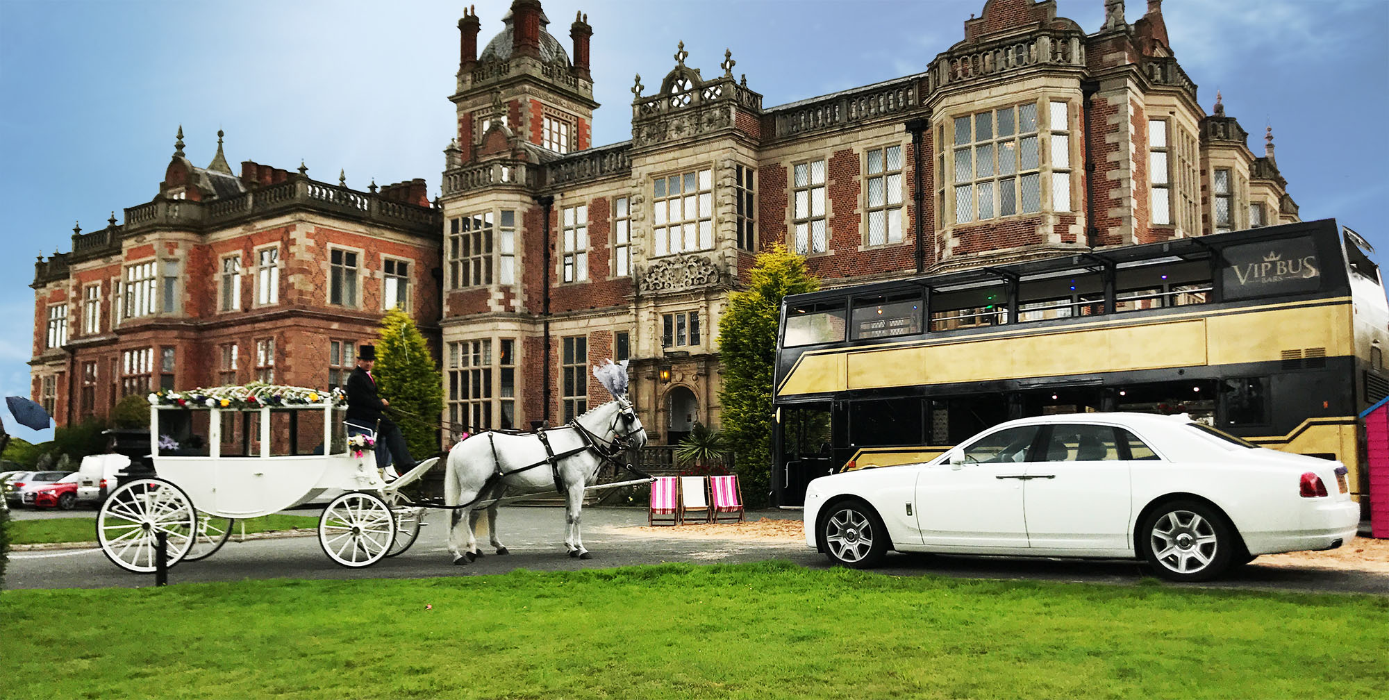 Elegant VIP bus bar venue with lush lawn, ideal for upscale weddings and events.
