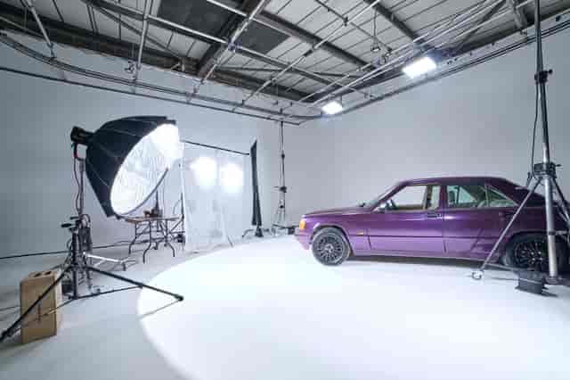 Cineview Studios venue with purple car for product launch photography in London.