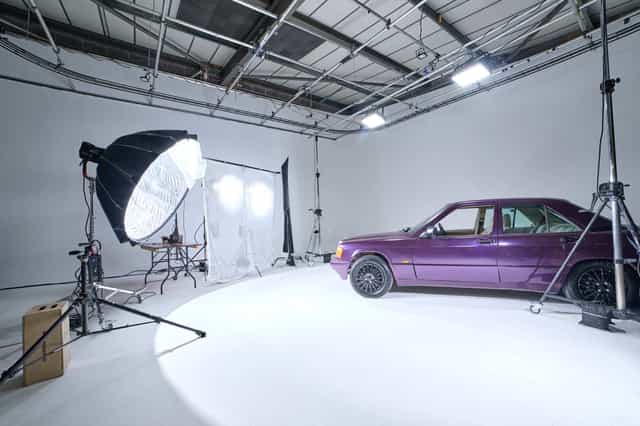 Cineview Studios venue with purple car for product launch photography in London.