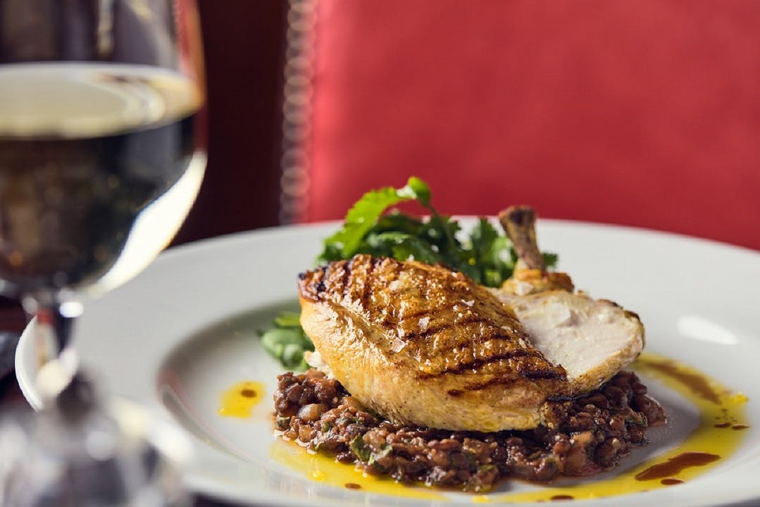 Grilled chicken with lentils at Market Cellar, Covent Garden - upscale dining event.