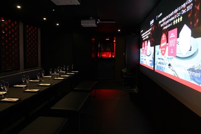 Modern meeting space with projection screen for corporate events and gatherings.