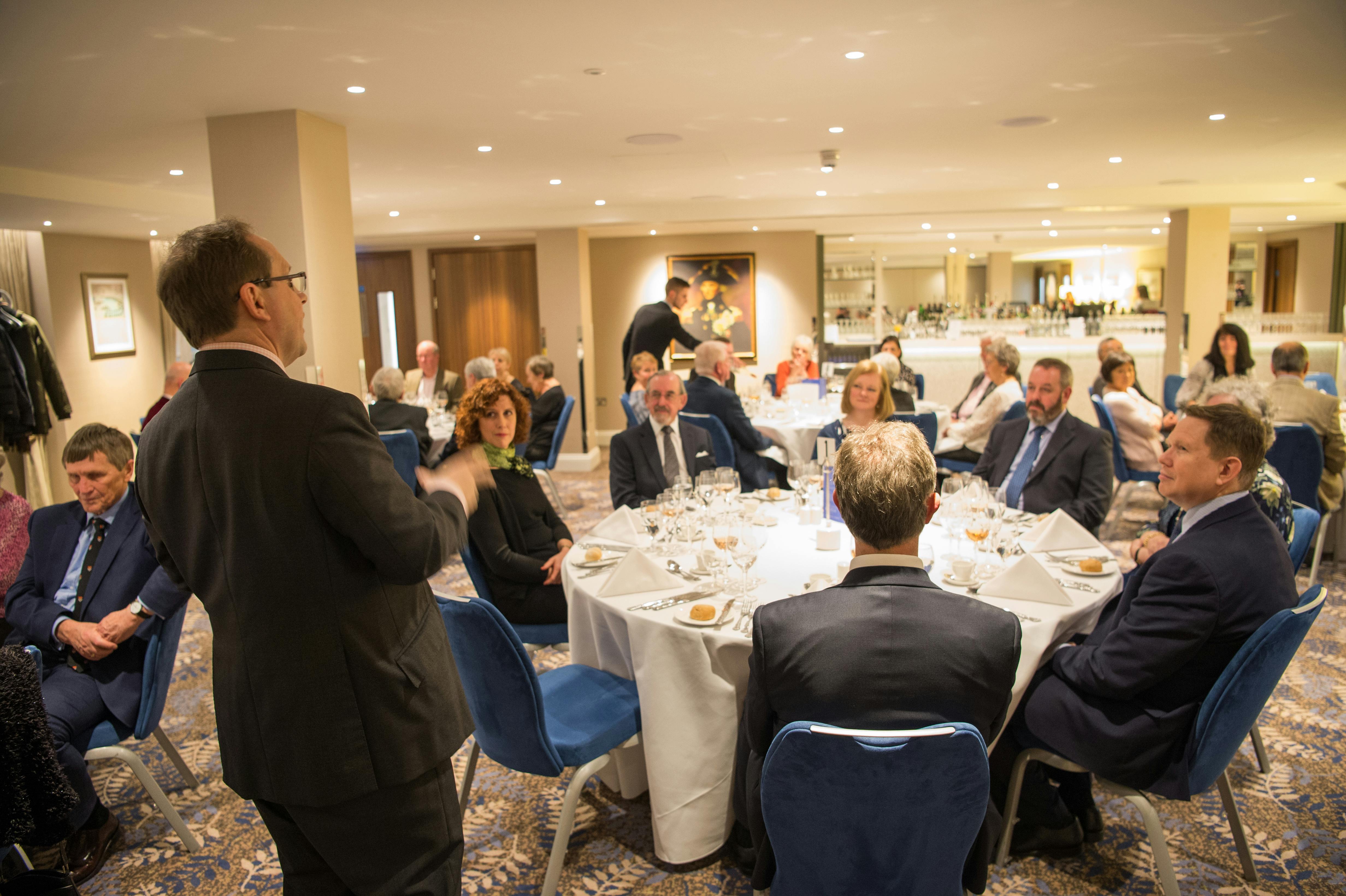 Elegant dinner meeting in Trafalgar Room, Victory Services Club, ideal for networking.