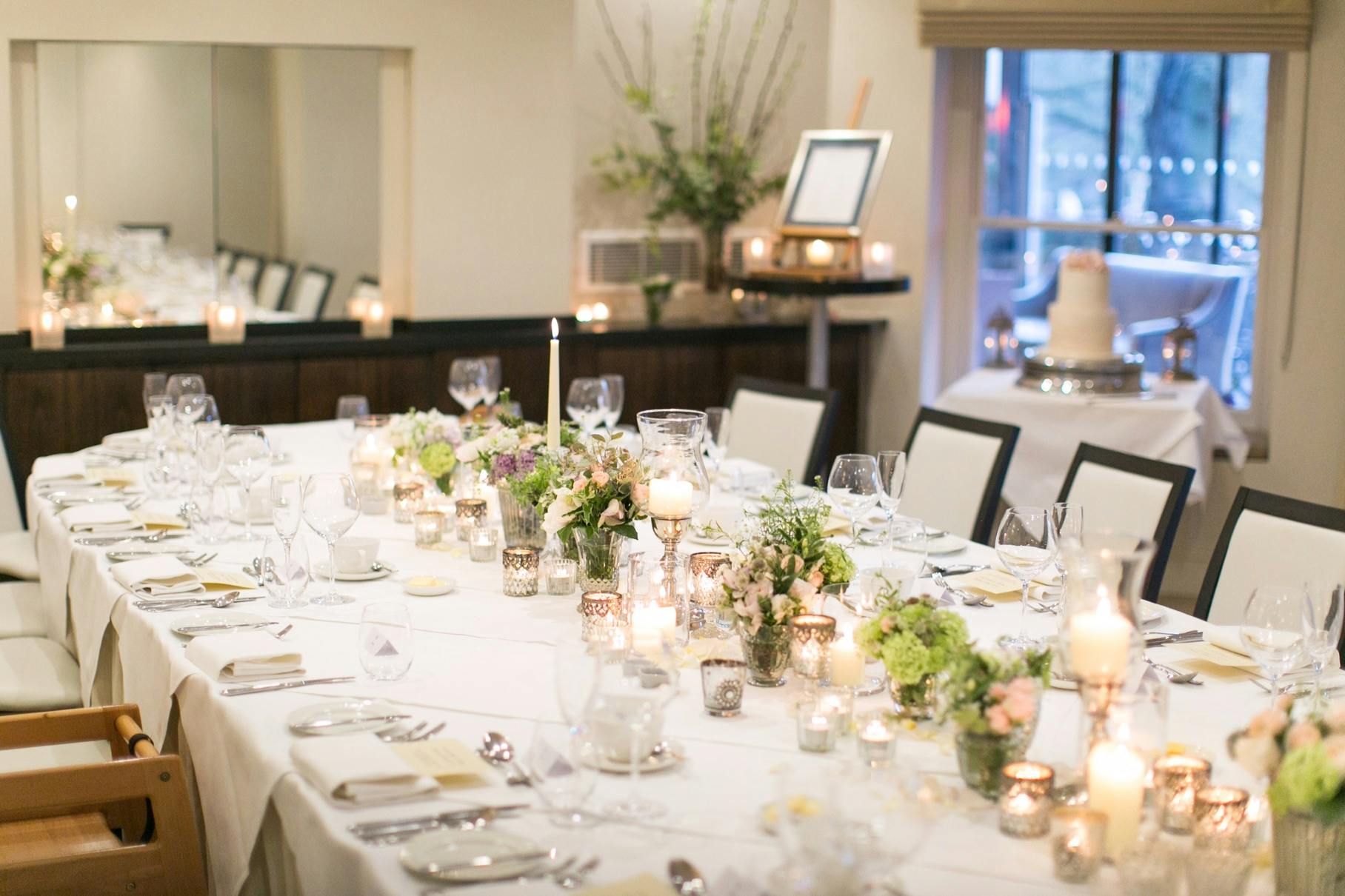 Elegant dining table in The Bingham's Garden Room, perfect for weddings and upscale events.