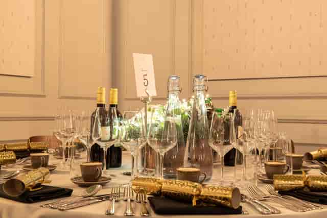 Elegant banquet table setup in The Pasteur Room, perfect for corporate events and dinners.