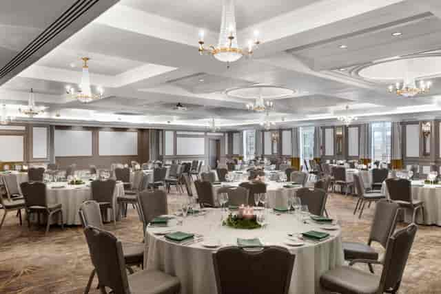 Kings Suite ballroom set for gala dinner with elegant chandeliers, Bristol Marriott Royal Hotel.