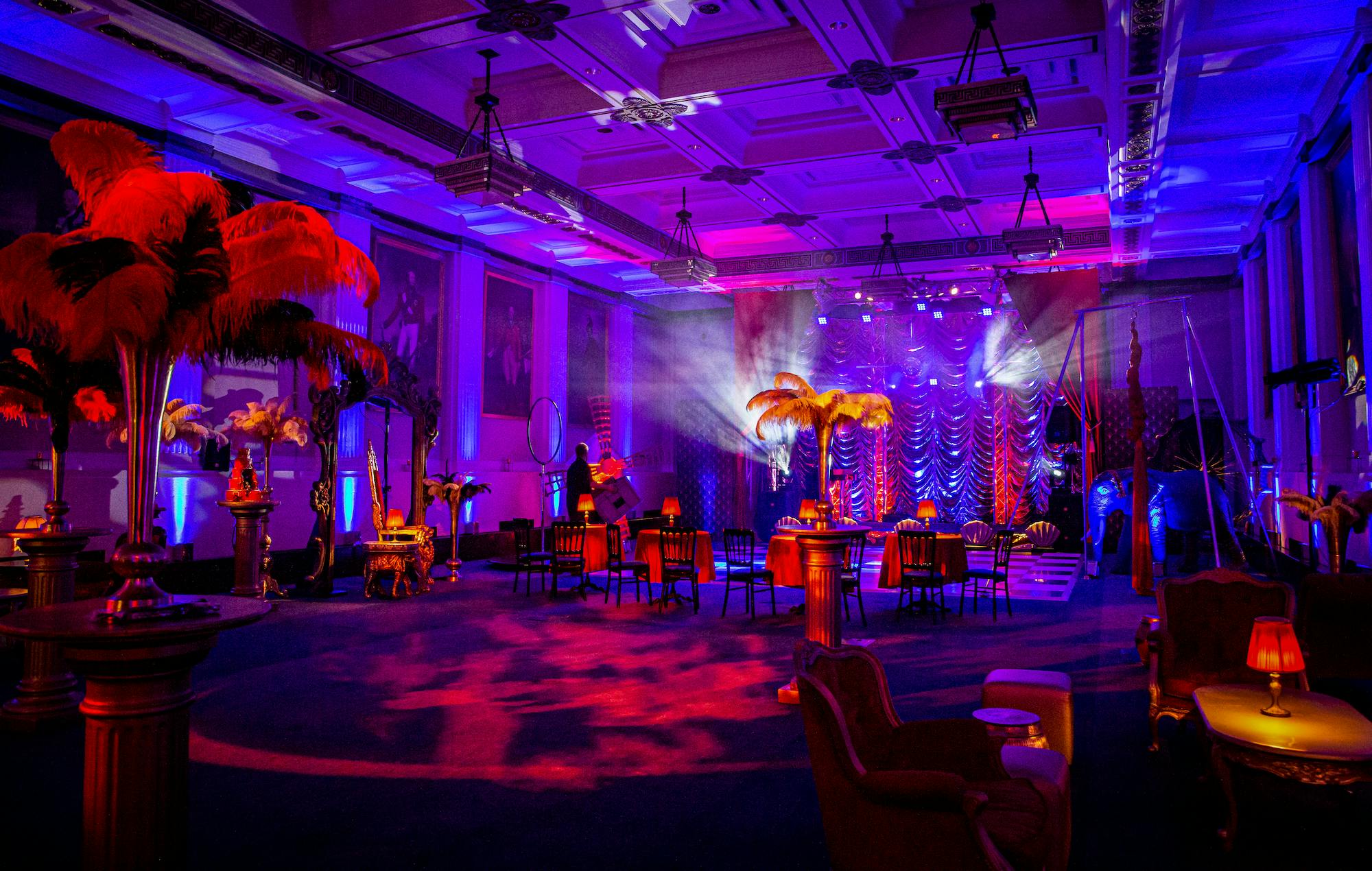 Christmas party at Freemasons' Hall with elegant decor and vibrant lighting.