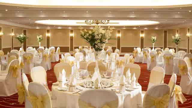 Elegant banquet hall in Portsmouth Marriott, perfect for weddings and formal events.