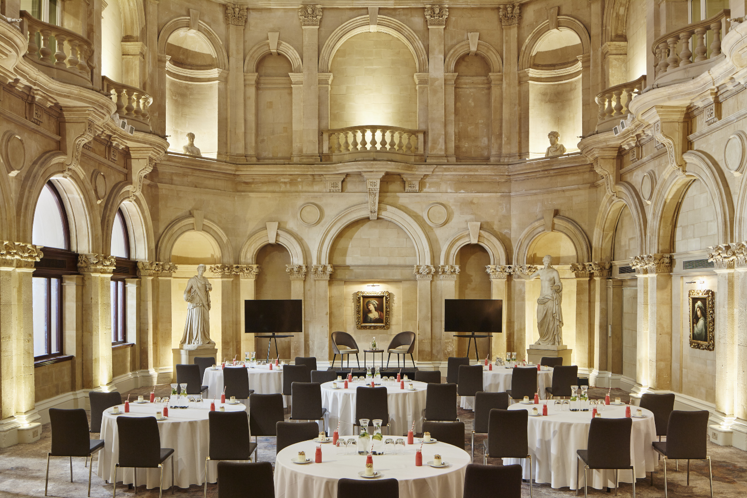 Historic Palm Court banquet venue at Bristol Marriott Royal Hotel for galas and corporate dinners.