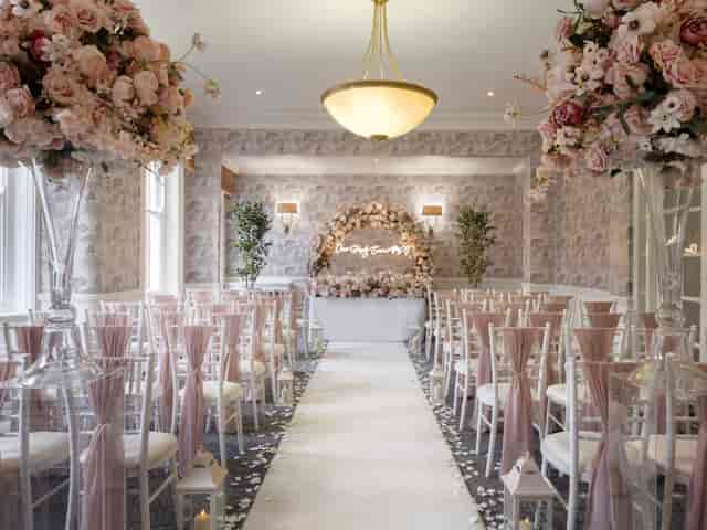 Elegant wedding event space with floral decor at Delta Hotels by Marriott Preston.