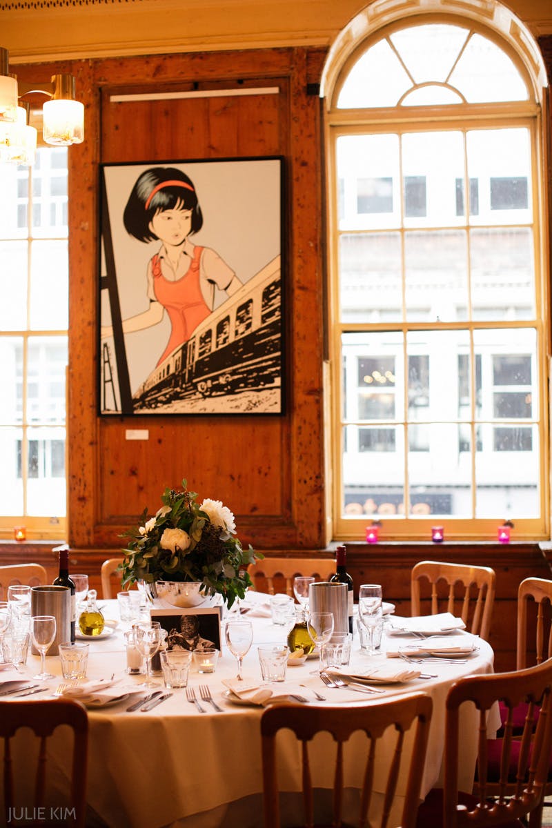 Dining Room at The Union Club with vibrant mural, perfect for events and meetings.