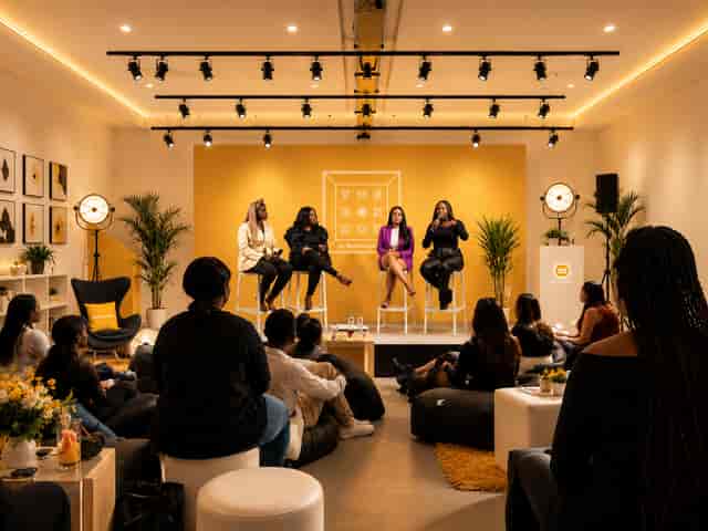 Intimate panel discussion at The Old Street Gallery featuring professional stage lighting.