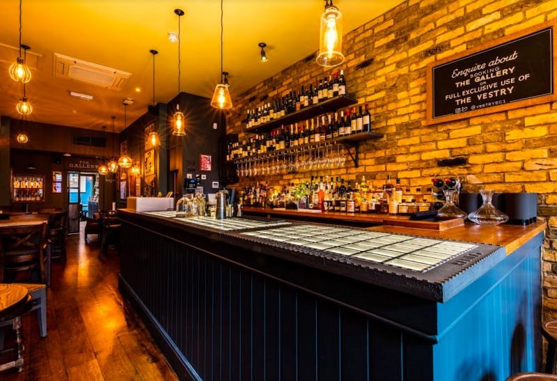 Stylish bar area in The Vestry, perfect for networking events and cocktail receptions.