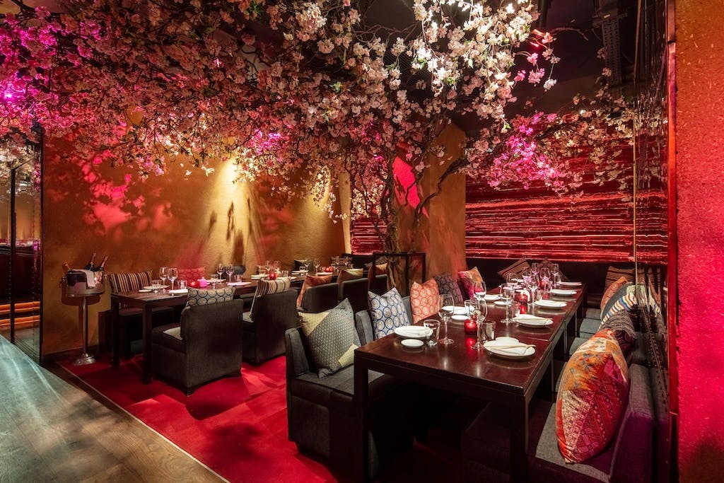 Elegant Shochu Lounge with cherry blossom decor, ideal for private dinners and upscale events.