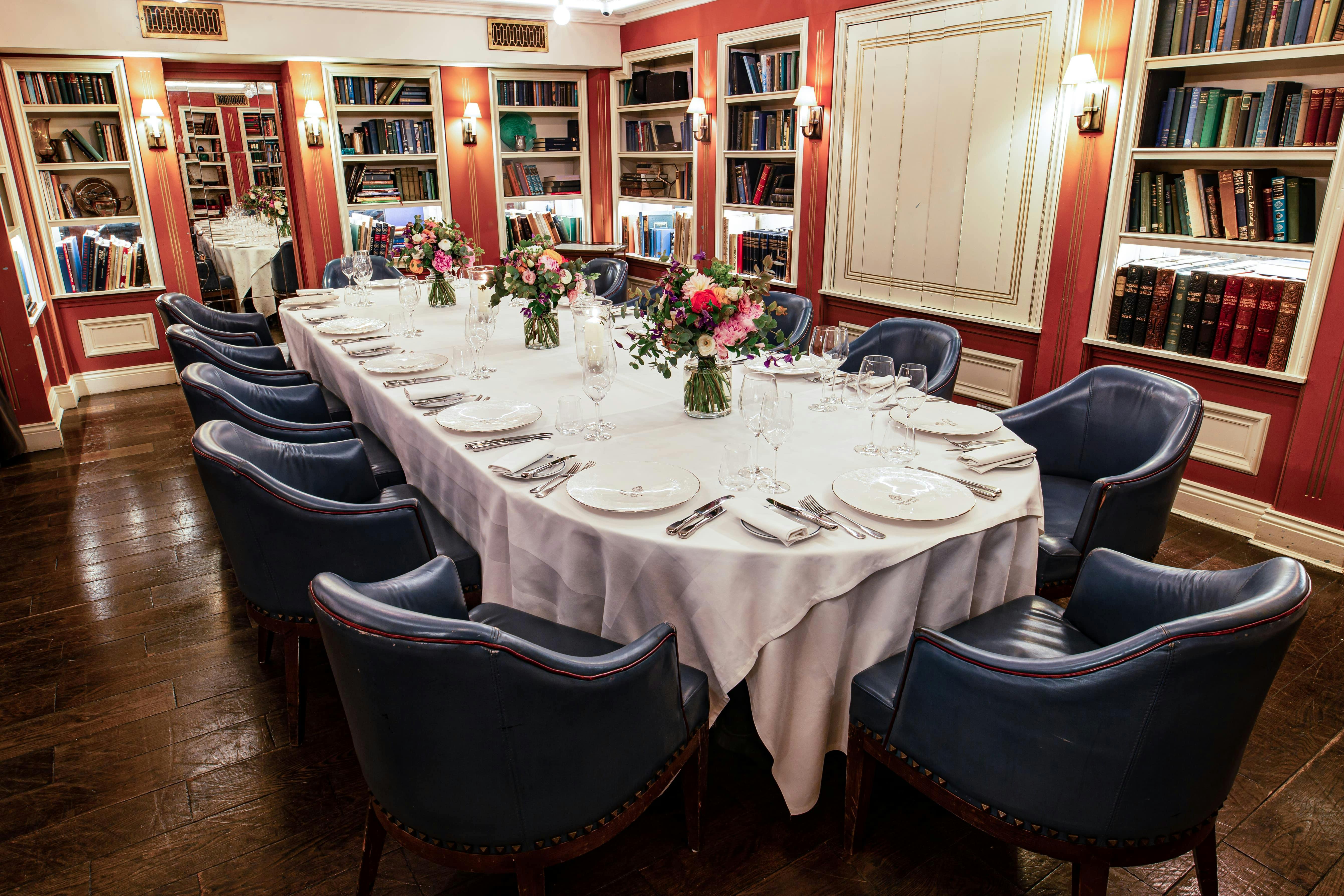 Elegant dining table in Swallow Library, perfect for intimate gatherings and corporate events.