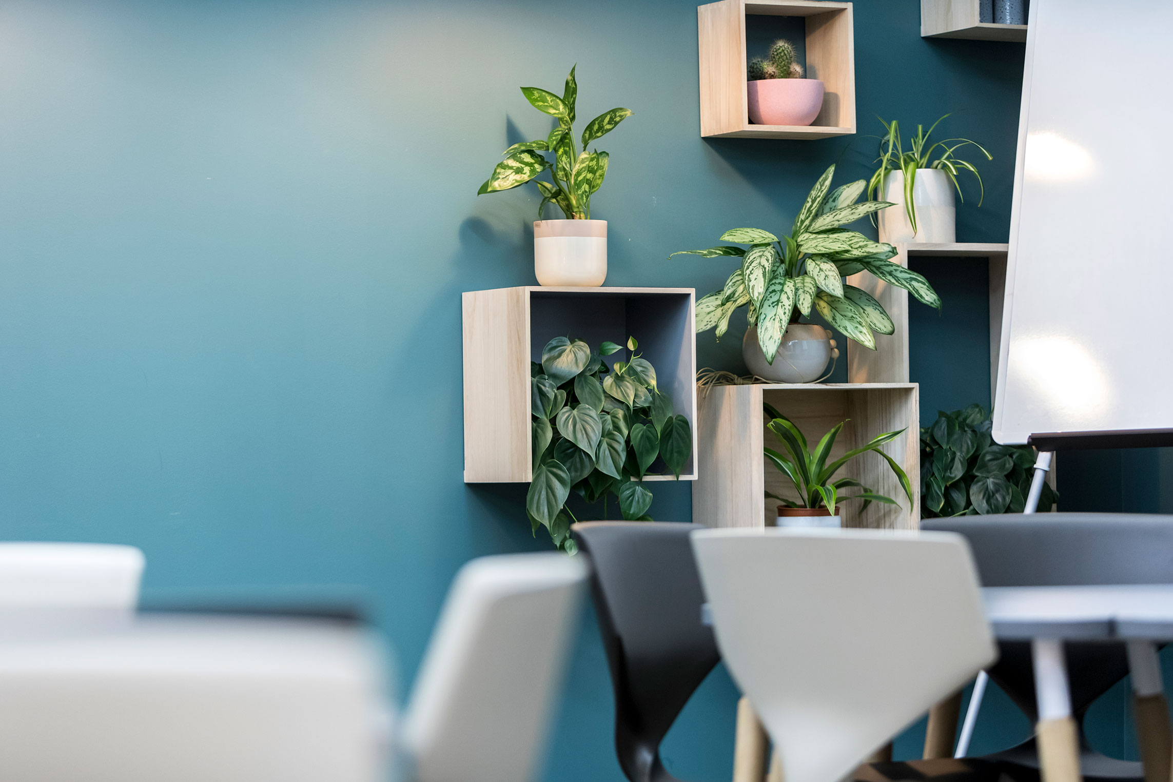 Meeting Room LG.05 at Uncommon Borough with teal walls, ideal for workshops and collaborations. - Banner