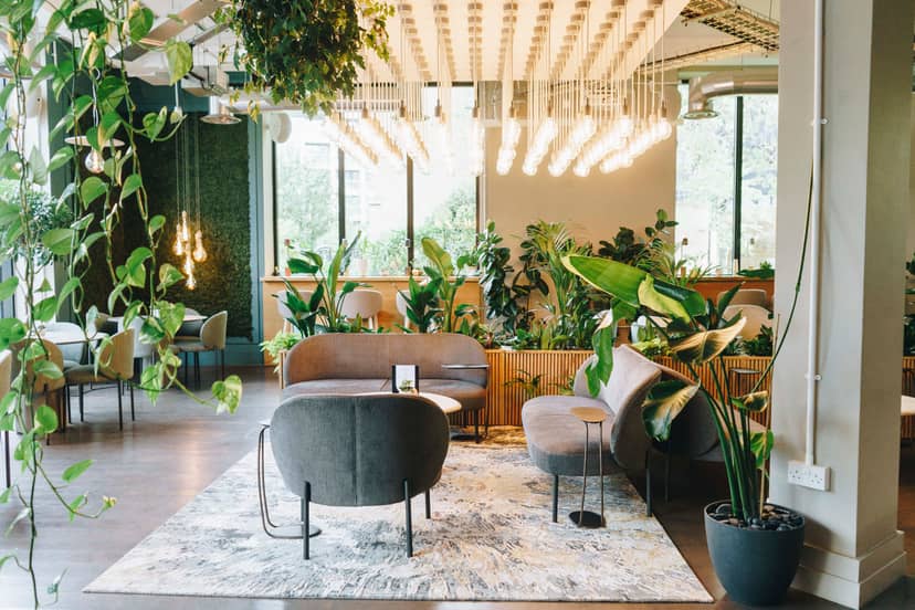 Modern lounge with greenery, ideal for networking and casual meetings in Uncommon Borough.