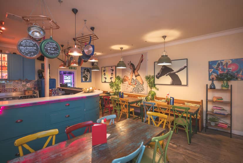 Vibrant event space with colorful decor, ideal for workshops and social mixers.