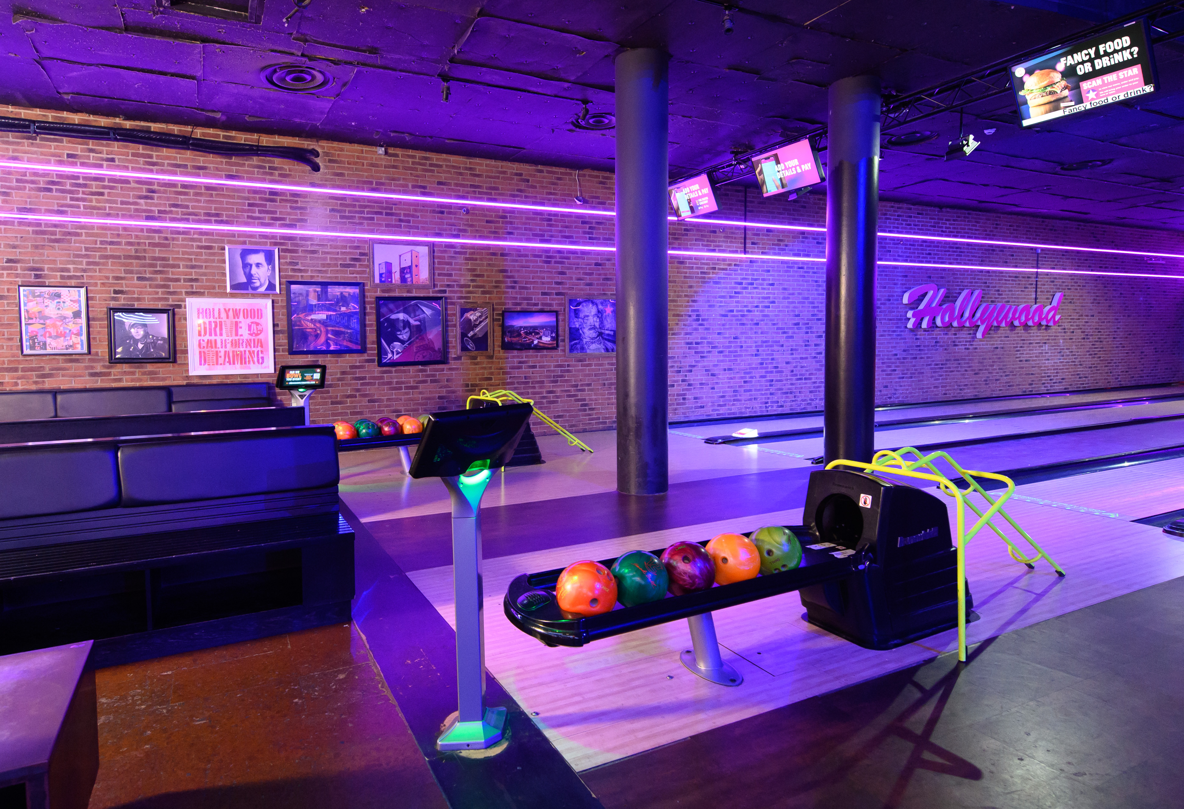 Vibrant bowling alley at Hollywood Bowl O2, ideal for corporate events and team-building.