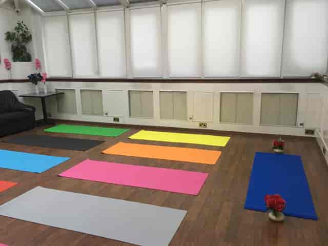 Yoga studio with vibrant mats on wooden floor, perfect for wellness events and retreats.