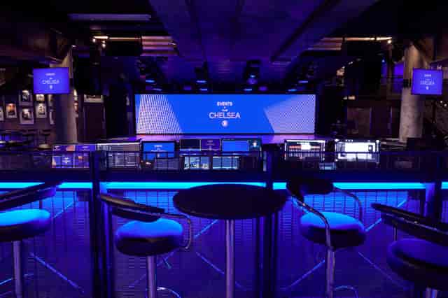 Modern event space at Chelsea FC with sleek backdrop for corporate events and launches.