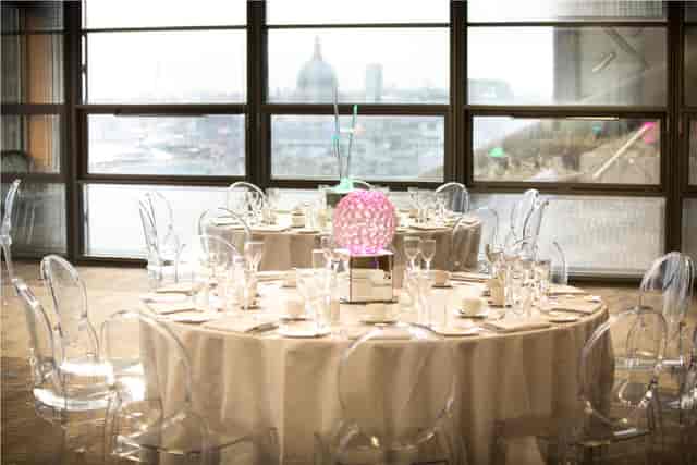 Elegant dining setup in The London Rooms, perfect for upscale events and gatherings.