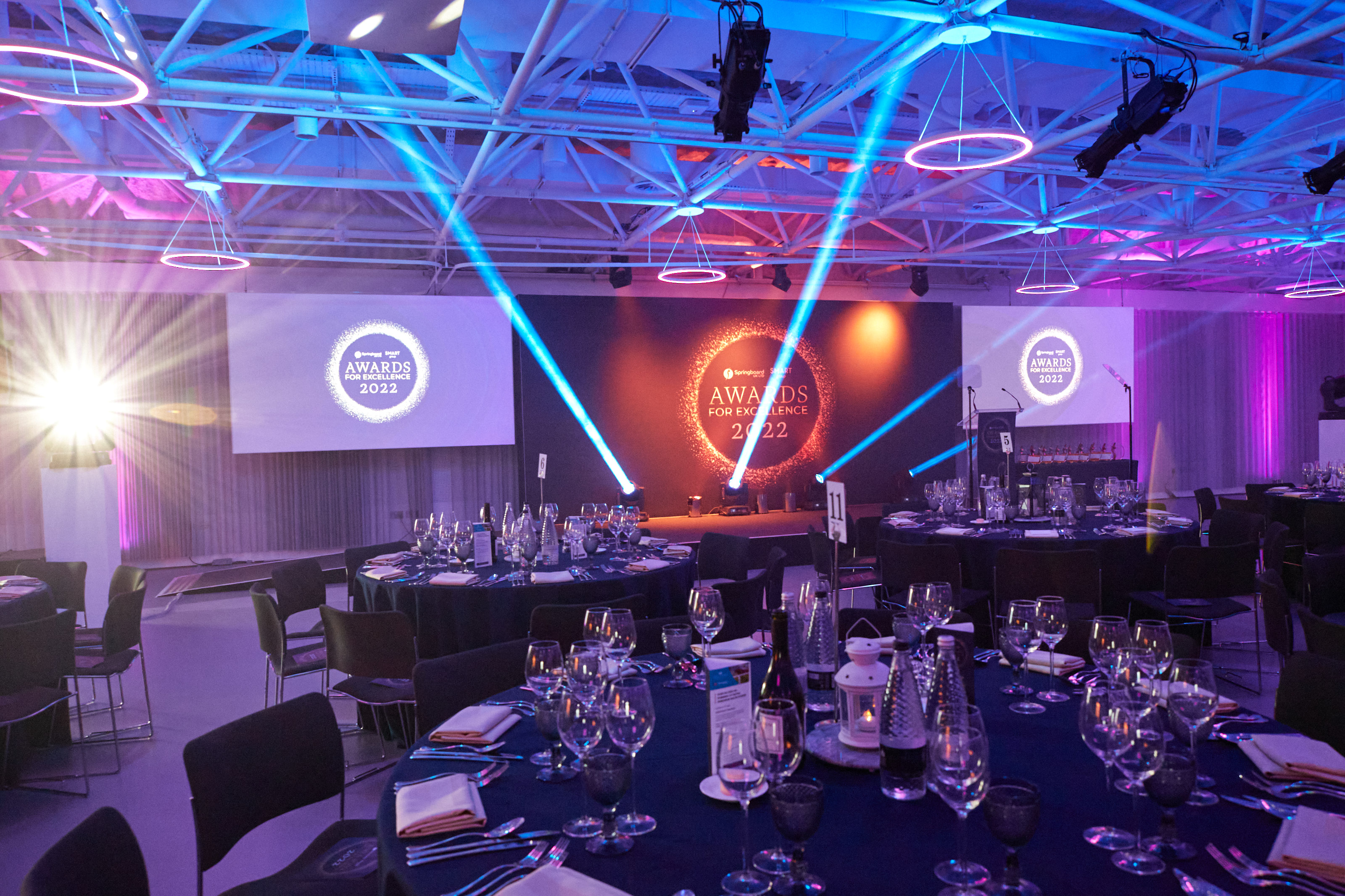 Elegant awards ceremony setup with fine dining at The Science Museum's Illuminate event space.