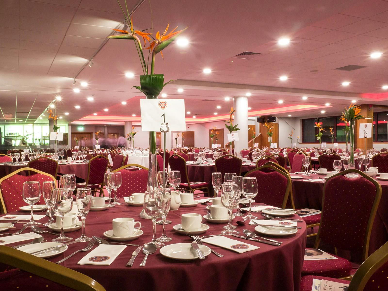 Elegant banquet hall in Gorgie Suite, Tynecastle Park for weddings and corporate events.