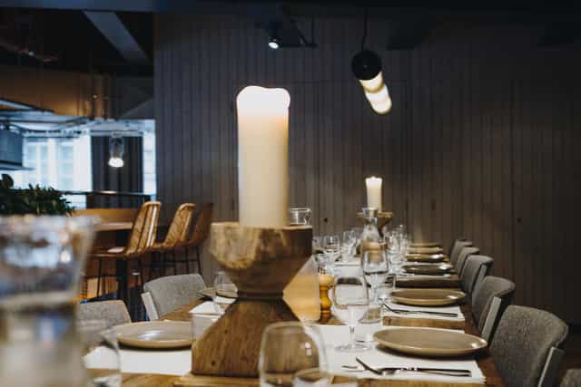 Rustic-chic tablescape at Mezzanine, Caravan City for corporate dinner and networking events.