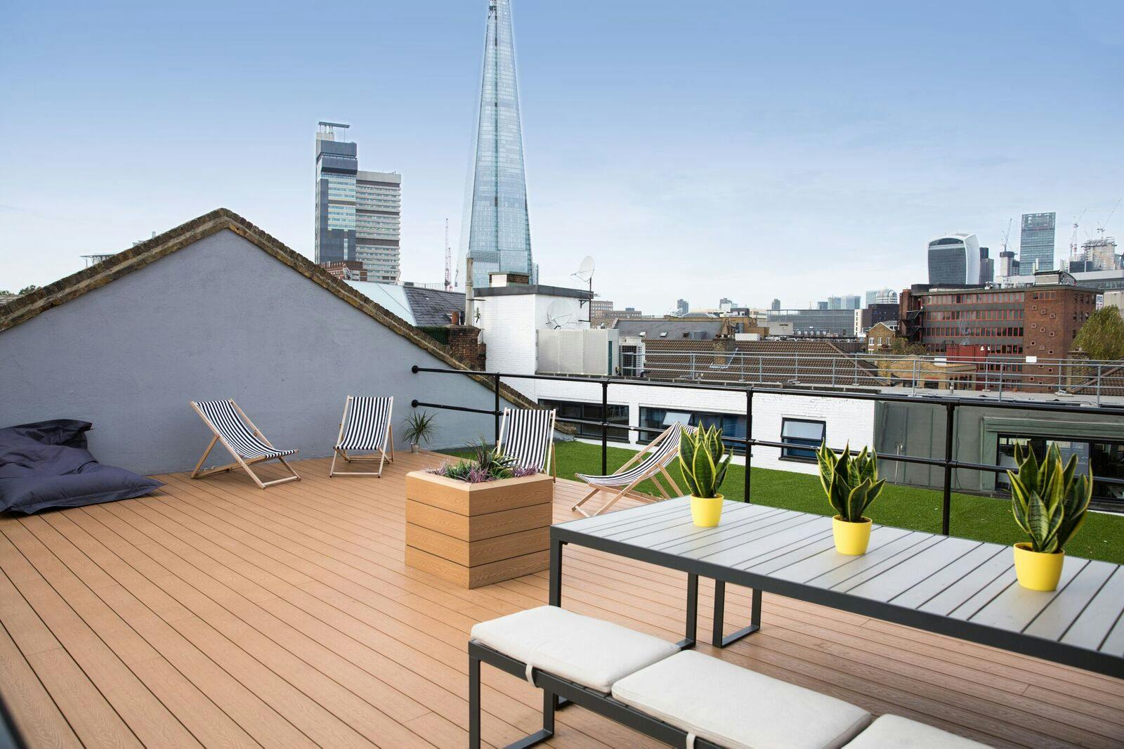 Stylish rooftop terrace at Work.Life Bermondsey for outdoor meetings and events.