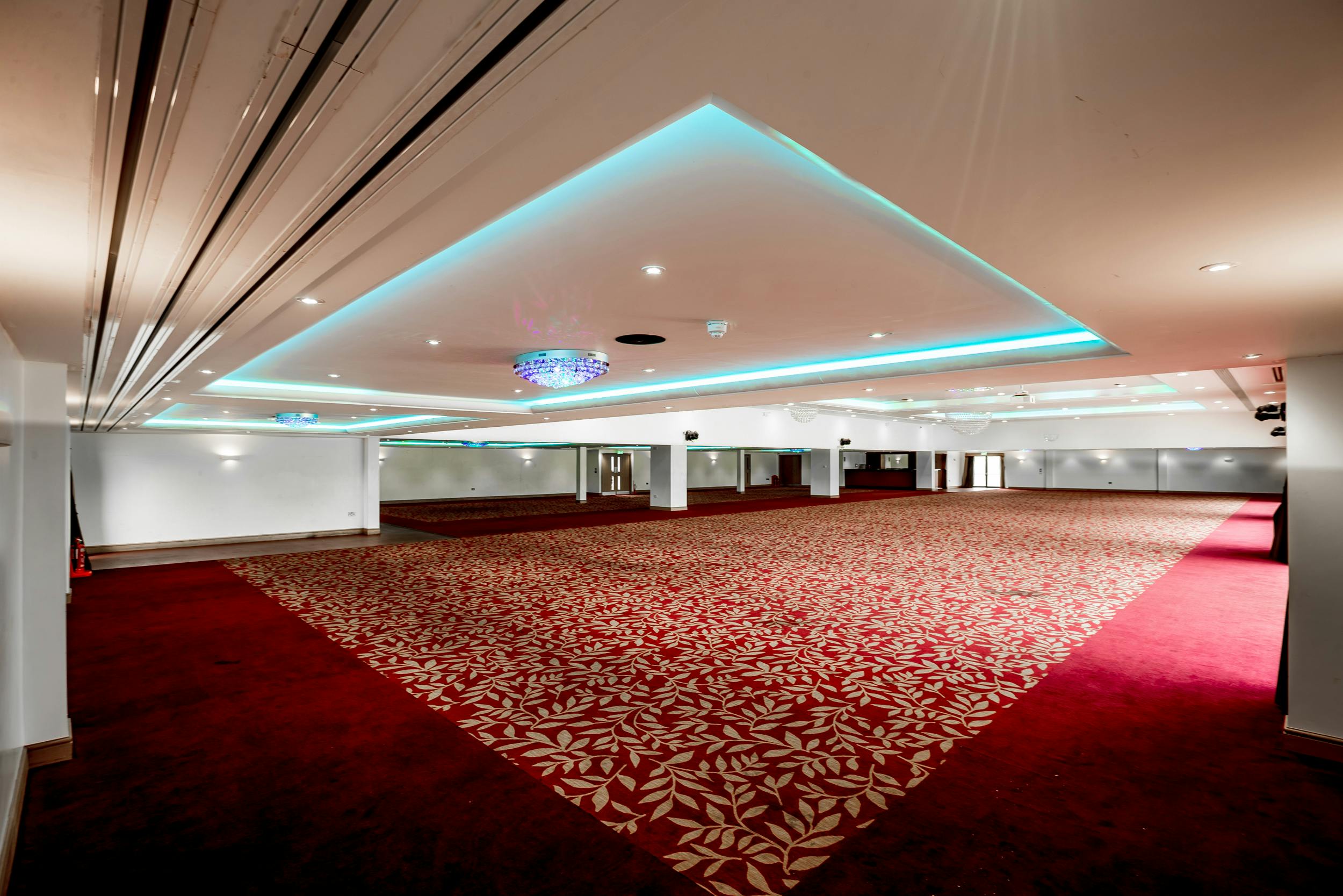 Spacious event venue with elegant carpet and modern lighting for conferences and banquets.