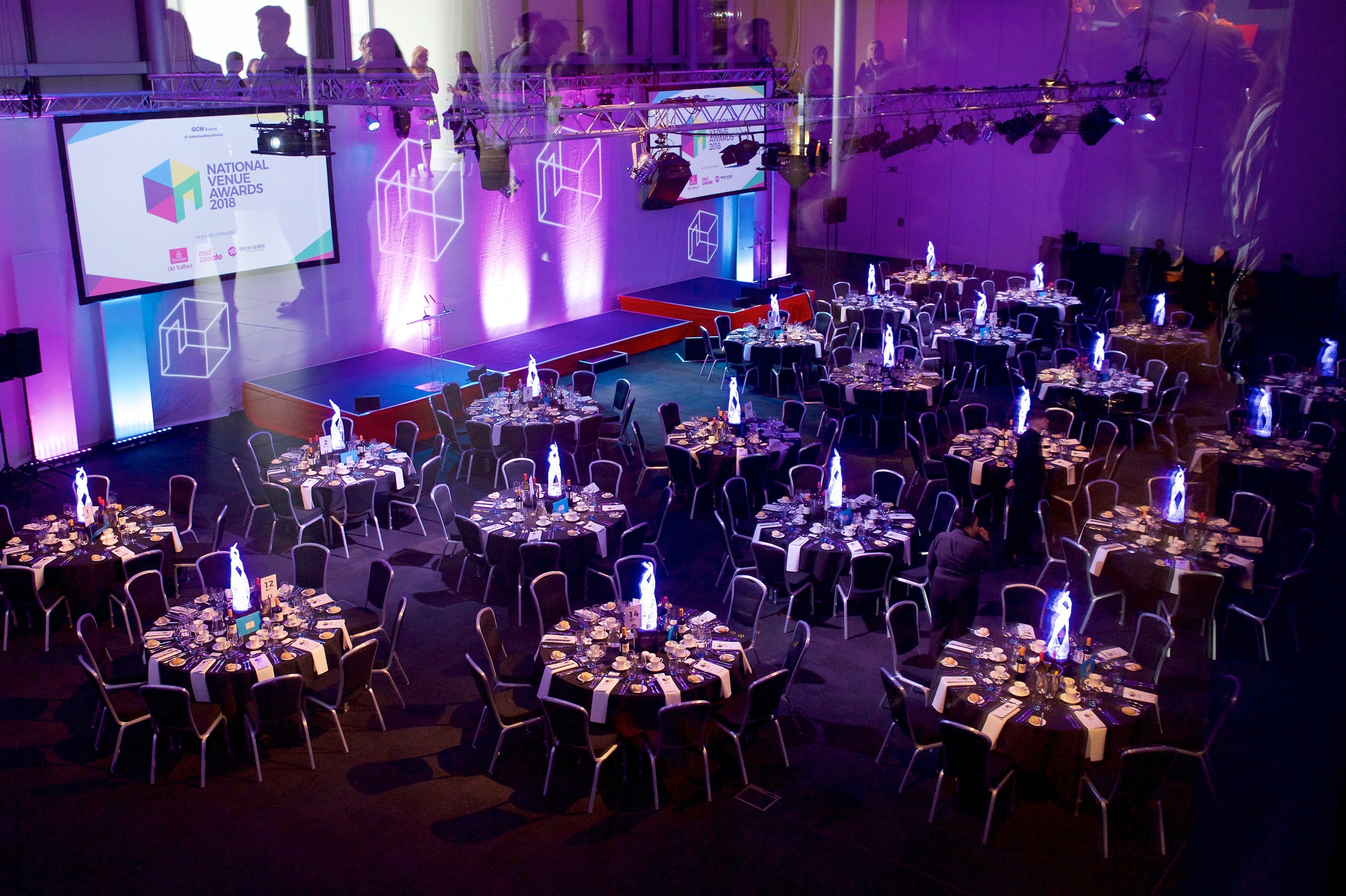 Elegant event space at The Point, Emirates Old Trafford, set for conferences and gala dinners. - Banner