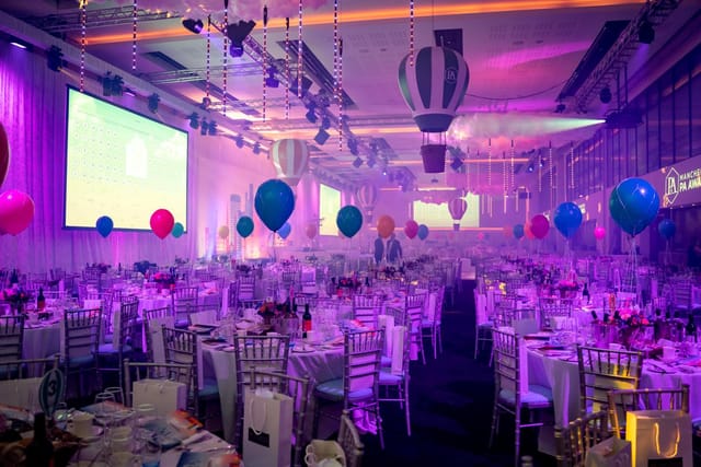 Vibrant event space at The Point, Emirates Old Trafford, with balloon decor for celebrations.